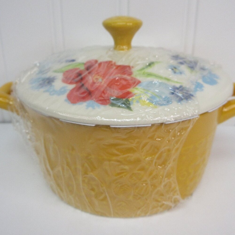 Pioneer Woman Mini Casserole Spring Bouquet Floral Yellow Stoneware Cocotte New